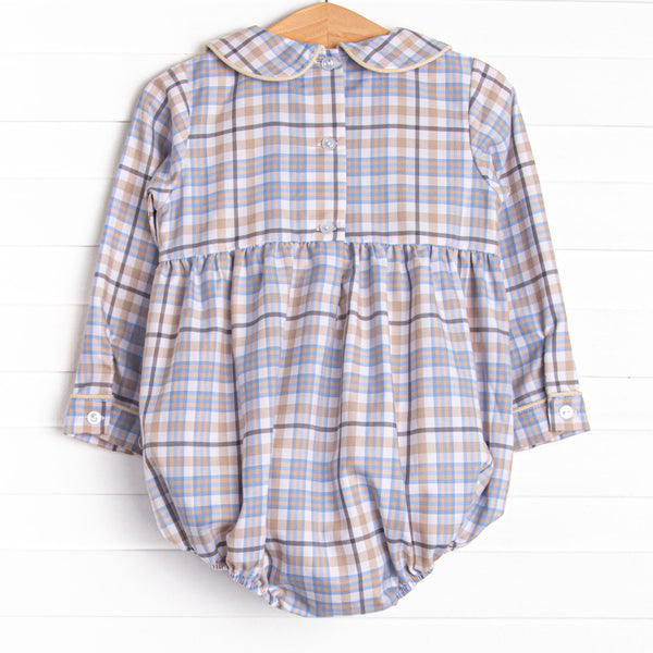 Autumn Bird Blessing Smocked Boy Bubble, Blue and Tan Plaid