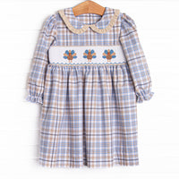 Autumn Bird Blessing Smocked Dress, Blue and Tan Plaid