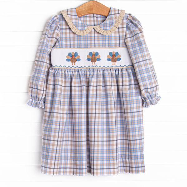 Autumn Bird Blessing Smocked Dress, Blue and Tan Plaid