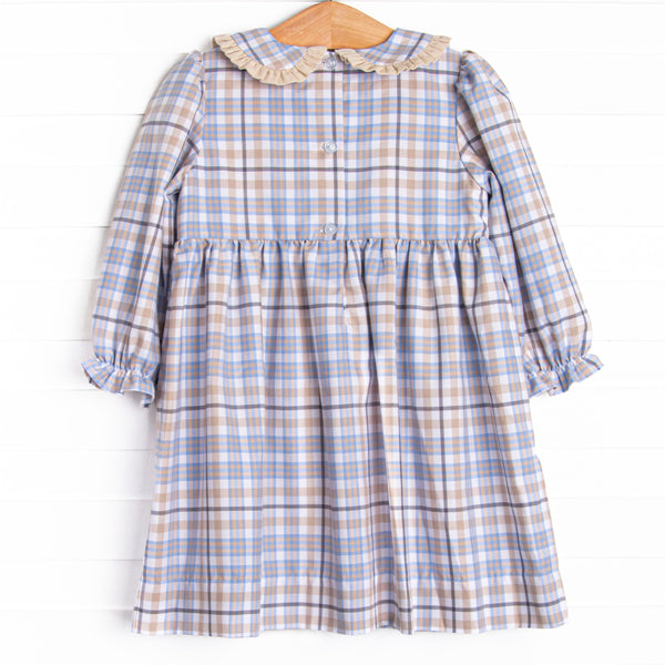 Autumn Bird Blessing Smocked Dress, Blue and Tan Plaid