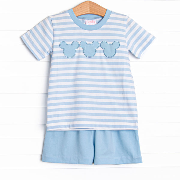 Mr. Mouse Trio Applique Short Set, Blue Stripe