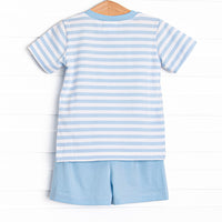 Mr. Mouse Trio Applique Short Set, Blue Stripe