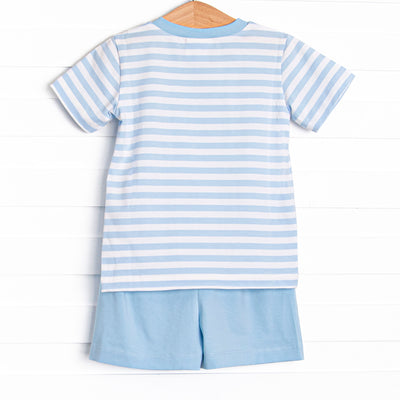 Mr. Mouse Trio Applique Short Set, Blue Stripe