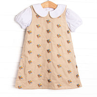 Tail Feather Turkeys Embroidered Dress Set, Tan