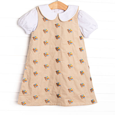 Tail Feather Turkeys Embroidered Dress Set, Tan