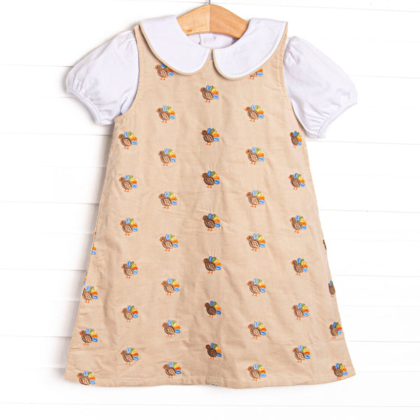 Tail Feather Turkeys Embroidered Dress Set, Tan
