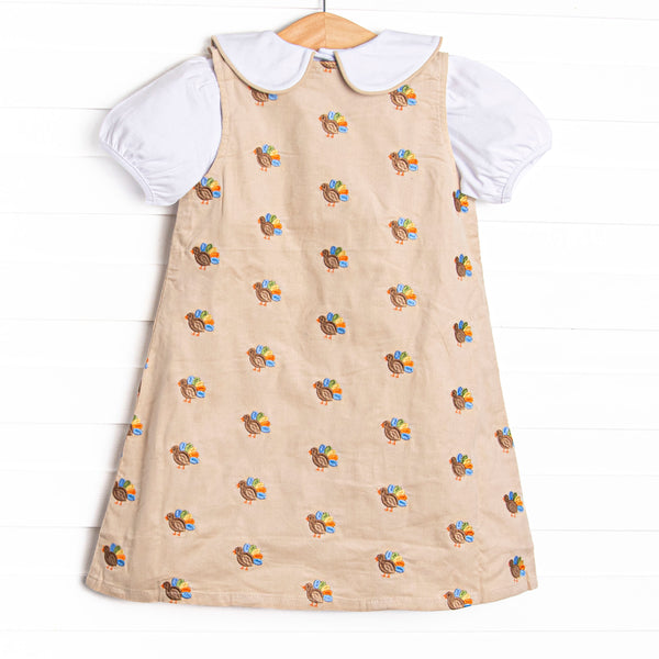 Tail Feather Turkeys Embroidered Dress Set, Tan