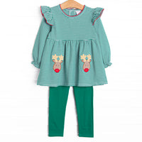  This set features a green striped print,&nbsp; a reindeer applique, and green leggings to match. 