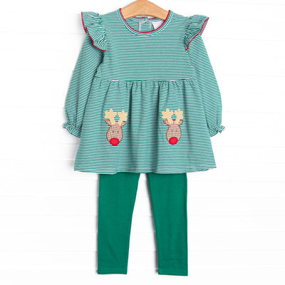  This set features a green striped print,&nbsp; a reindeer applique, and green leggings to match. 