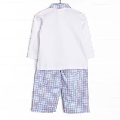 Firetruck French Knot Embroidered Polo Pant Set, Blue
