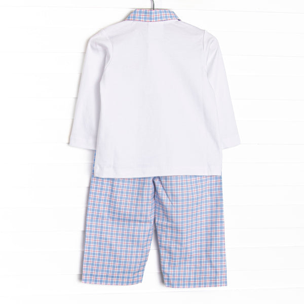 Firetruck French Knot Embroidered Polo Pant Set, Blue