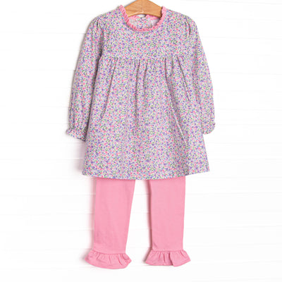 This set features purple floral fabric, pink piping and ruffle trim, and long sleeves. Coordinating pink ruffle leggings to match.