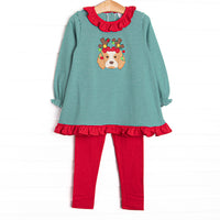 This set features a green striped print, a red ruffle collar, and a festive puppy applique. Coordinating red leggings to match.