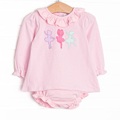 This set features pink striped fabric, ballerina trio applique, and a ruffle collar. Coordinating pink diaper cove to match.