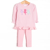 This set features pink striped fabric, ballerina trio applique, and a ruffle hem. Coordinated pink leggings to match.