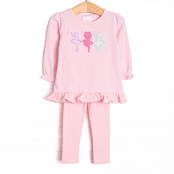 This set features pink striped fabric, ballerina trio applique, and a ruffle hem. Coordinated pink leggings to match.