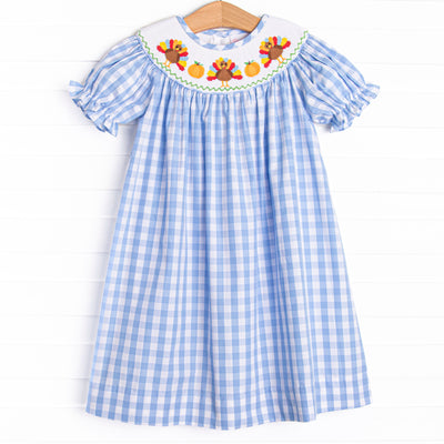 Wild Turkey Smocked Bishop Dress, Blue