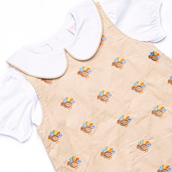 Tail Feather Turkeys Embroidered Dress Set, Tan