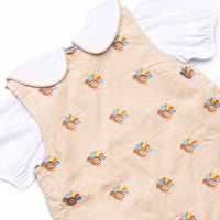 Tail Feather Turkeys Embroidered Dress Set, Tan