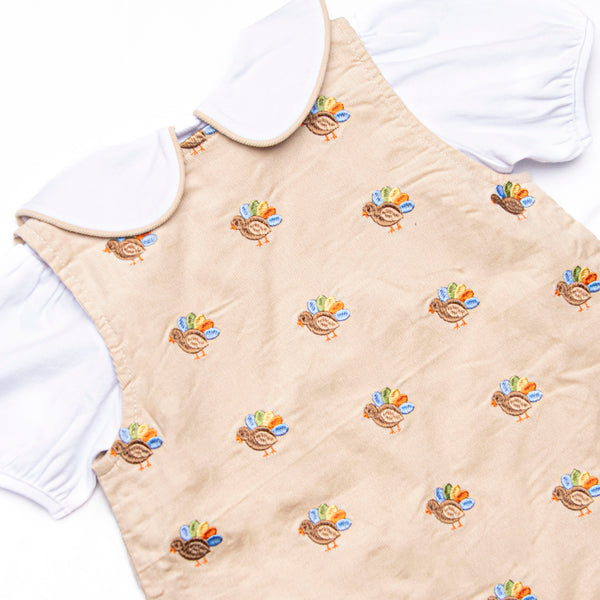 Tail Feather Turkeys Embroidered Dress Set, Tan