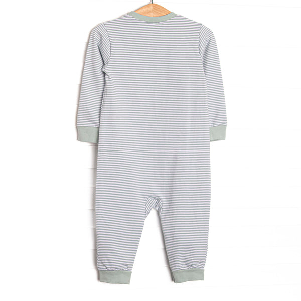 Steam Engine Applique Romper, Green Stripe