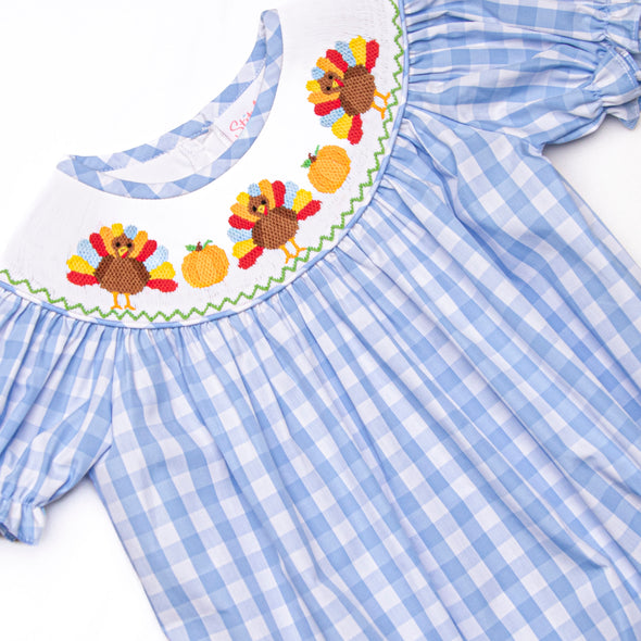 Wild Turkey Smocked Bishop Dress, Blue
