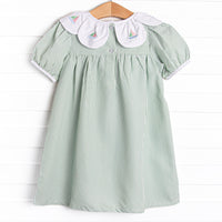 Bayside Boats Embroidered Dress, Green