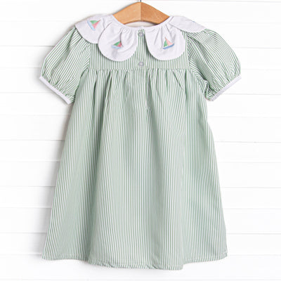 Bayside Boats Embroidered Dress, Green