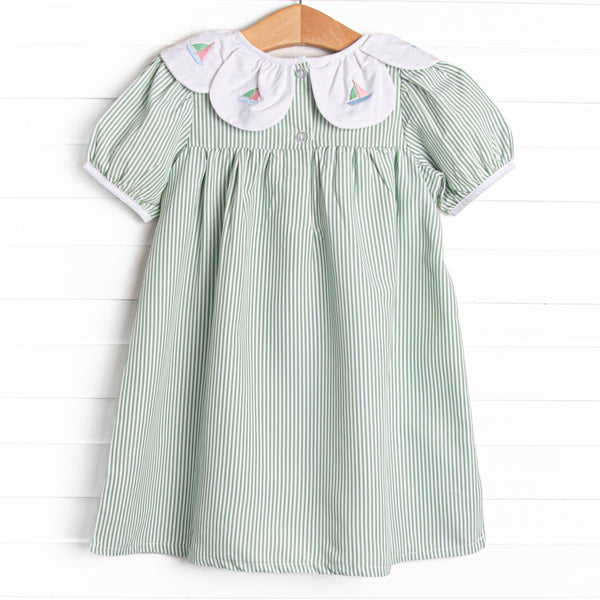 Bayside Boats Embroidered Dress, Green