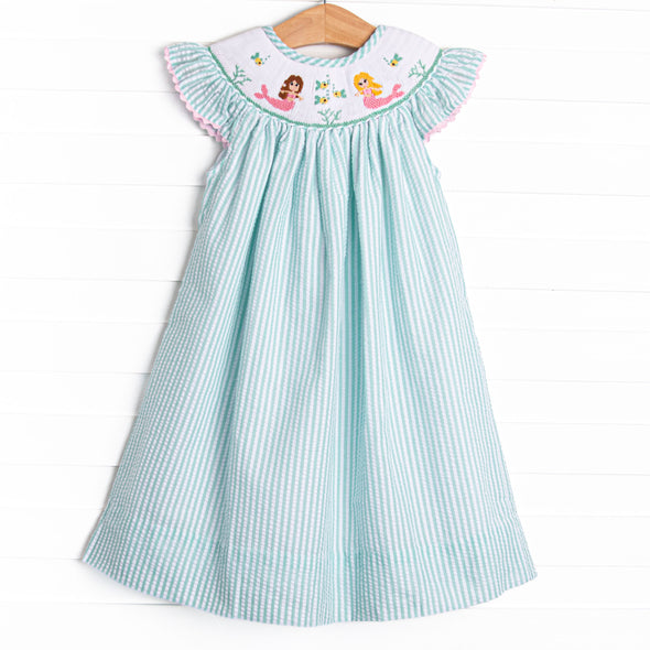 Aquamarine Mermaid Smocked Bishop Dress, Aqua