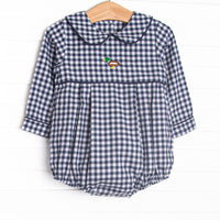 This bubble features navy plaid fabric, duck embroidery, and a Peter Pan collar.