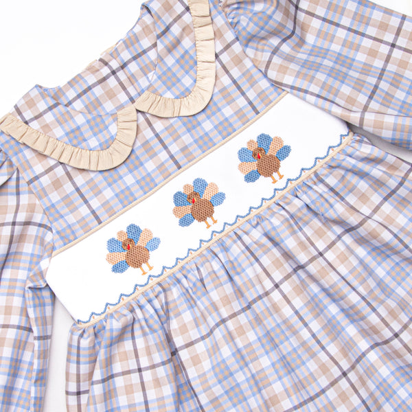 Autumn Bird Blessing Smocked Dress, Blue and Tan Plaid