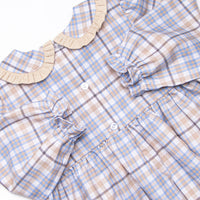 Autumn Bird Blessing Smocked Dress, Blue and Tan Plaid