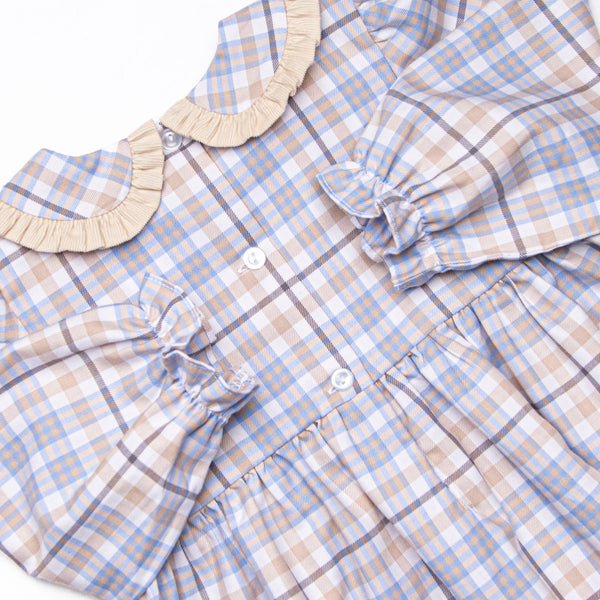 Autumn Bird Blessing Smocked Dress, Blue and Tan Plaid