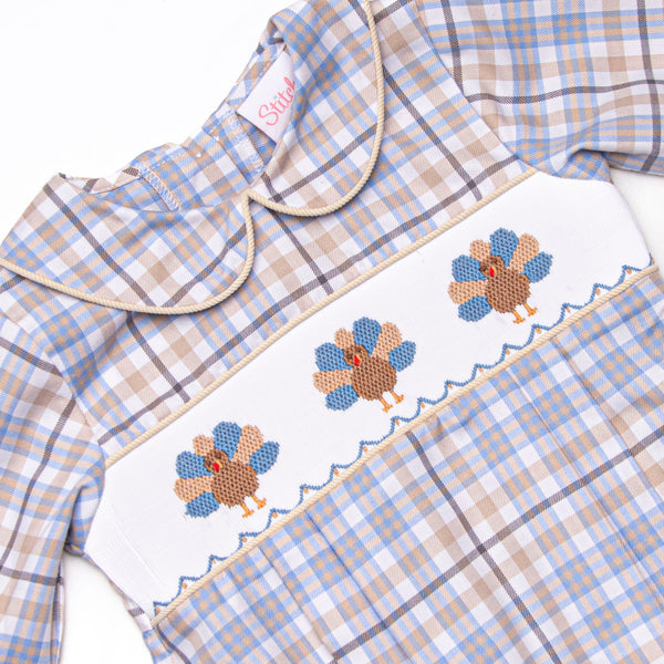 Autumn Bird Blessing Smocked Boy Bubble, Blue and Tan Plaid