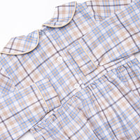 Autumn Bird Blessing Smocked Boy Bubble, Blue and Tan Plaid
