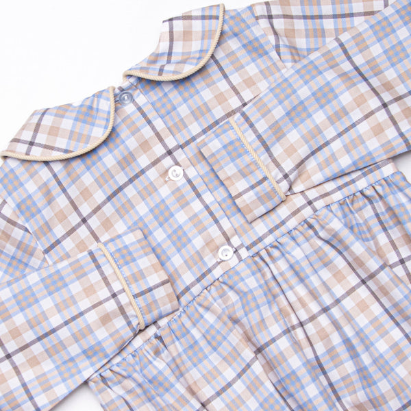 Autumn Bird Blessing Smocked Boy Bubble, Blue and Tan Plaid