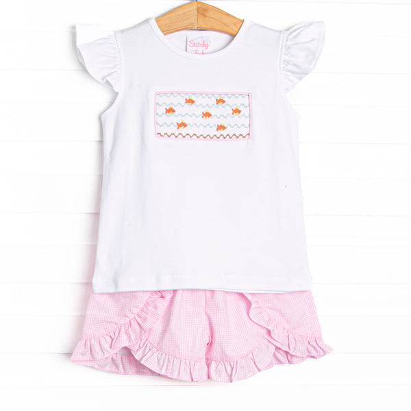 Swimming Season Smocked Ruffle Short Set, Pink