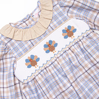 Autumn Bird Blessing Smocked Girl Bubble, Blue and Tan Plaid