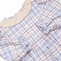 Autumn Bird Blessing Smocked Girl Bubble, Blue and Tan Plaid