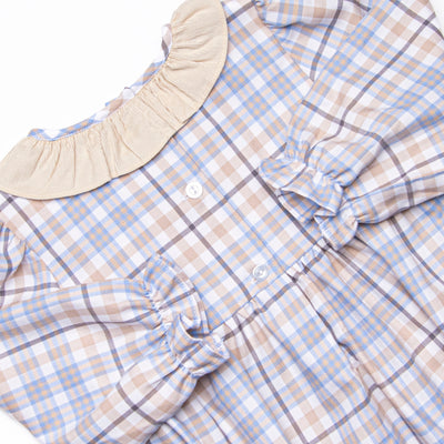 Autumn Bird Blessing Smocked Girl Bubble, Blue and Tan Plaid