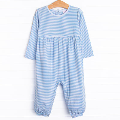 The Romper features long sleeves, snaps in the stride to make changing a breeze, and soft knit material.