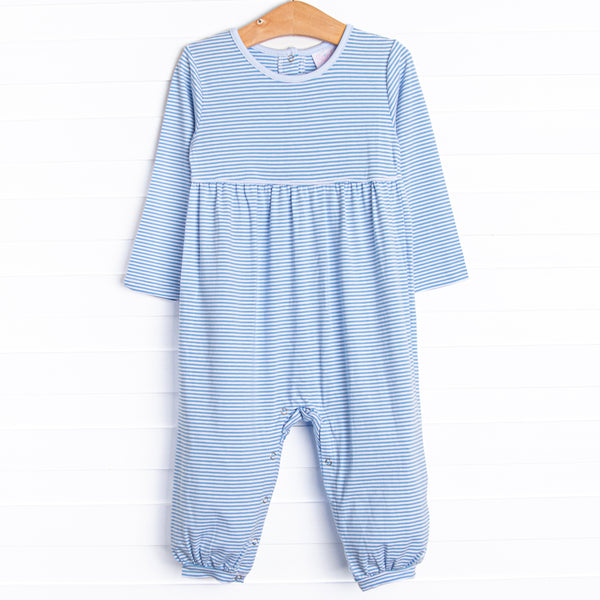 The Romper features long sleeves, snaps in the stride to make changing a breeze, and soft knit material.