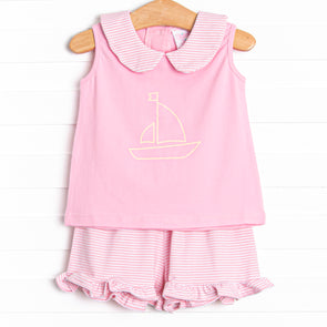 Sailboat Seas Ruffle Short Set, Pink