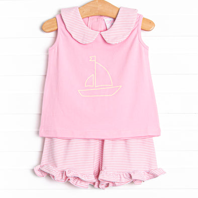 Sailboat Seas Ruffle Short Set, Pink