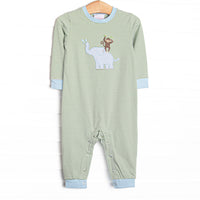 This romper features a green striped print, blue cuffs, and a fun applique of an elephant and monkey.