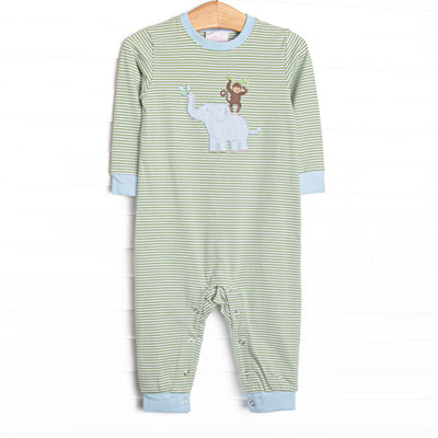 This romper features a green striped print, blue cuffs, and a fun applique of an elephant and monkey.