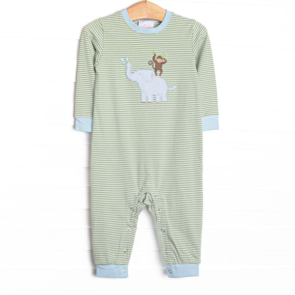 This romper features a green striped print, blue cuffs, and a fun applique of an elephant and monkey.