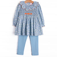 Pumpkin Posy Smocked Legging Set, Blue