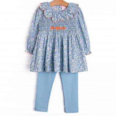 Pumpkin Posy Smocked Legging Set, Blue